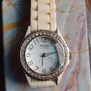 Golden Classic White Watch with Crystal Bezel NWOT